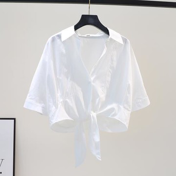 下擺系帶打結短款襯衫女寬松短袖百搭棉襯衣2025秋季設計感上衣潮