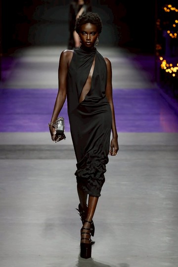 Versace Cutout turtleneck satin midi dress