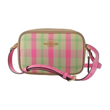 [平輸版] 【COACH】粉桃紅撞色格紋帆布拼接素面皮革斜背相機包 真品平輸