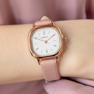 PANMILA明日輪廓文青金屬框方形真皮手錶【WPA0562】-白面粉帶