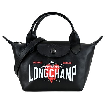 LONGCHAMP X EU王者聯名LE PLIAGE CUIR系列小羊皮短把兩用包（迷你/黑） _廠商直送
