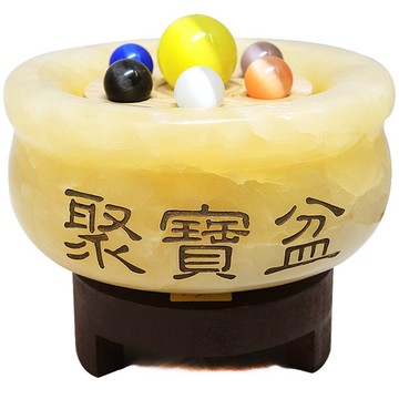 【吉祥開運坊】黃玉聚寶盆【聚財聖品 七星聚寶盆 小型 貓眼石七星陣 含木底座】開光 擇日