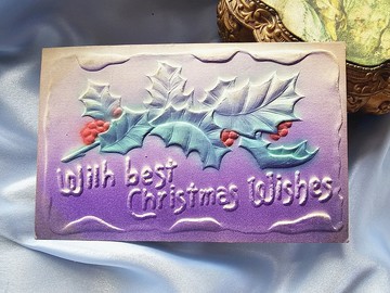 1908年漸層紫浮雕冬青聖誕祝卡/古董明信片/老明信片