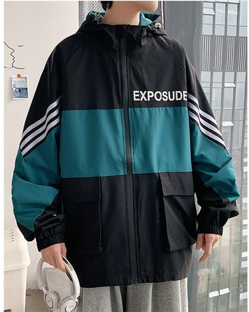 FINDSENSE X  男生拼接色寬鬆連帽外套休閑夾克外套
