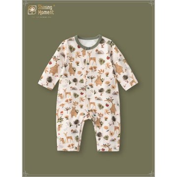 原創印花新生嬰兒連體衣寶寶衣服春秋A類全棉長袖爬服對襟外出服