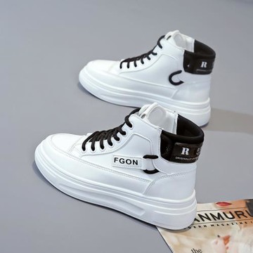 鞋子女2023新款女鞋高幫平底時尚休閑板鞋皮面春季運動鞋子小白鞋