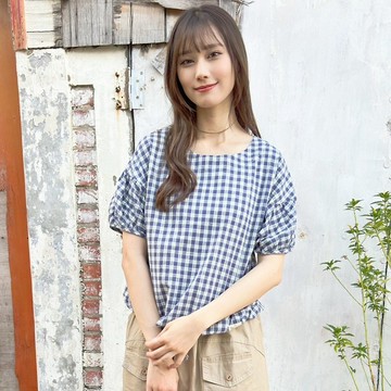 Hana Mokuba 圓領泡袖綁帶收口格紋上衣
