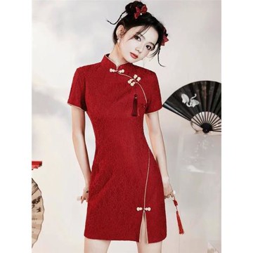 紅色蕾絲旗袍2025年夏季高考送考旗開得勝年輕款小個子連衣裙短款