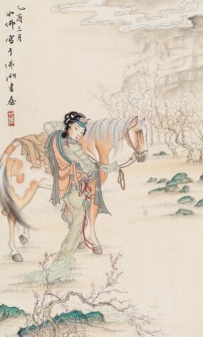 胡也佛乙酉（1945）年作俠女圖立軸30X50仿古畫復制微噴名人字畫