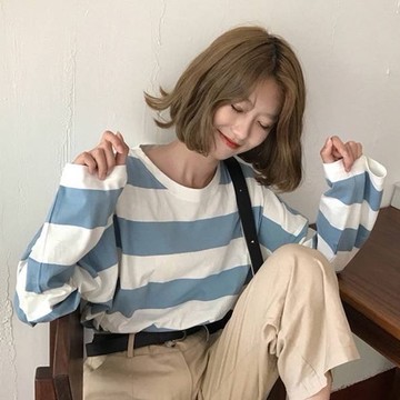 ZUCA”S - 韓版秋冬韓版寬鬆條紋T 女裝 衣服 寬鬆上衣 配色長T【N-6729】