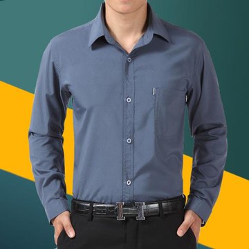 夏裝中年男士長袖襯衫冰絲薄款爸爸裝純色寬松爺爺襯衣中老年人