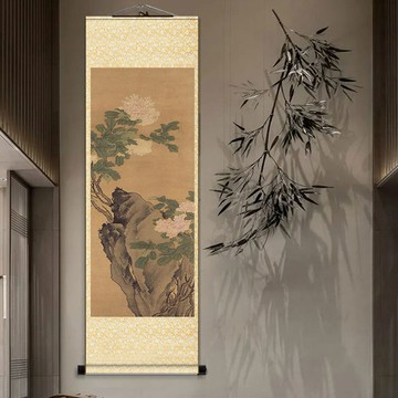 仿古卷軸掛畫菊花花鳥客廳書房裝飾畫豎版國畫芙蓉鴛鴦圖條屏字畫