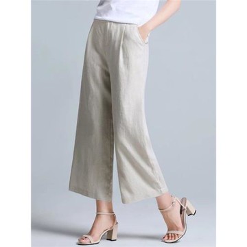 純色亞麻直筒褲女高腰顯瘦休閑褲小個子大碼闊腿褲胖MM棉麻九分褲