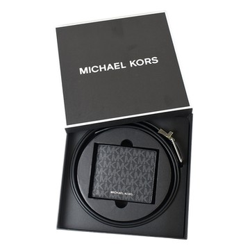 MICHAEL KORS 男款 緹花LOGO防刮短夾/雙面用皮帶禮盒-黑色