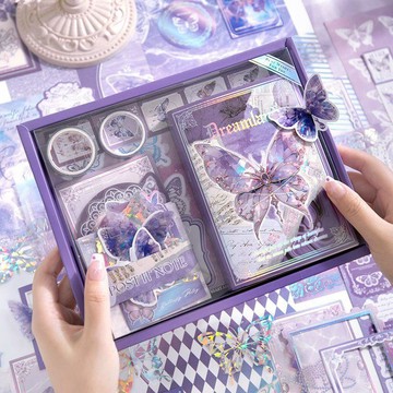 【台灣出貨】素材禮盒蝴蝶復古手賬套裝日系A6網格本貼紙便籤套裝膠帶手賬本