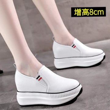 真皮小白鞋女夏厚底內增高女鞋8cm秋季一腳蹬春天休閑運動單鞋女