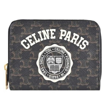 CELINE Triomphe 復古學院風印花ㄇ字拉鍊零錢卡包/皮夾.深咖