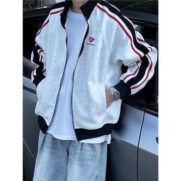 美式高街棒球服開衫外套男潮牌寬松三條杠純棉立領拉鏈衛衣夾克女