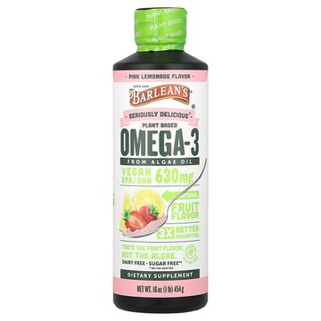 Barlean's, Seriously Delicious®，植物基 Omega-3，來自藻油，粉色檸檬水味，630 毫克，16 盎司（454 克）