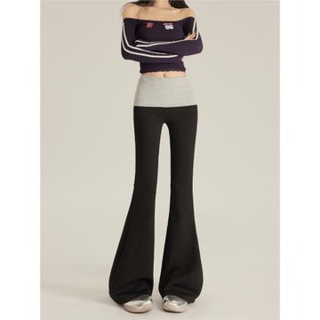 (免運)BRN春季黑色雙拼微喇叭褲女2025年新款高腰垂感休閑衛褲馬蹄褲潮