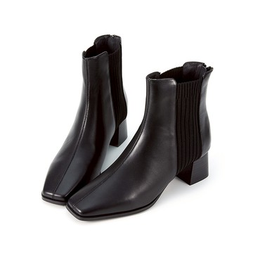 全真皮彈力坑條拼接後拉鍊方頭粗跟短靴 黑色