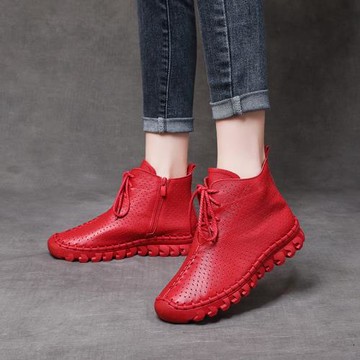 大紅色馬丁靴真皮短靴加絨棉鞋軟底大碼42秋冬季單靴本命年小紅鞋