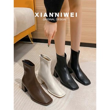 2025年新款秋冬中筒馬丁靴白色法式小短靴女瘦瘦靴粗跟方頭高跟鞋