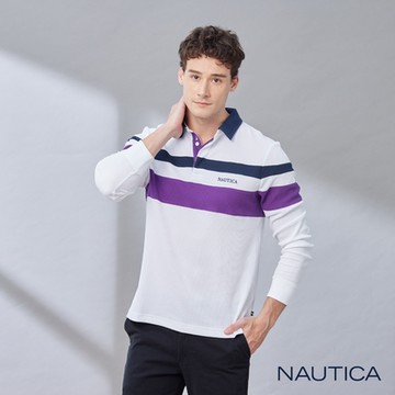 Nautica男裝 跳色拼接華夫格長袖POLO衫-白色