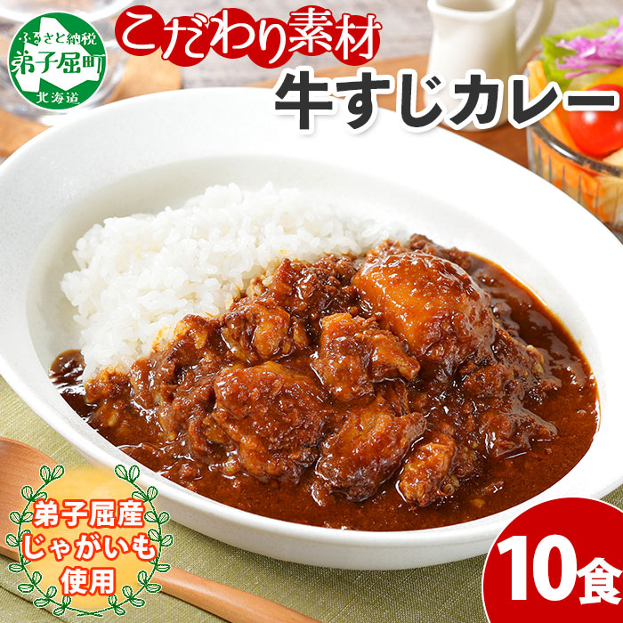 779.牛すじカレー 10個 中辛 じゃがいも 牛 牛肉 肉 業務用 レトルトカレー 保存食 備蓄 まとめ買い 北海道 弟子屈町