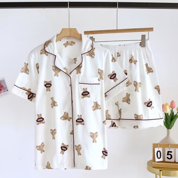 夏季純棉睡衣女短袖短褲全棉開衫家居服大碼加肥卡通可愛小熊米白
