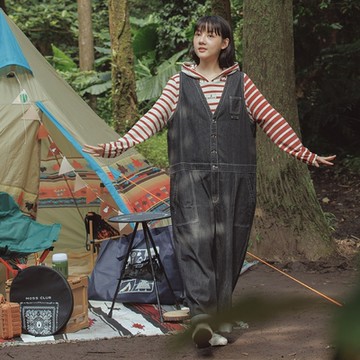 【MOSS CLUB】前開釦牛仔背心吊帶長寬褲 藍 黑