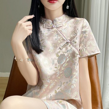 國風新中式旗袍真絲短袖連衣裙女立領盤扣長裙復古提花中長字裙鑫弘-素時衣櫥