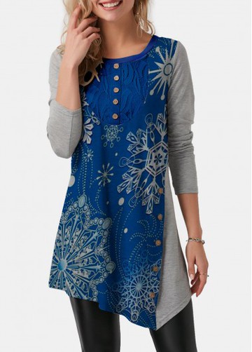 Snowflake Print Asymmetric Hem T Shirt