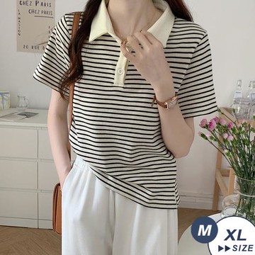 【LANNI 藍尼】現+預 文青風清新條紋POLO棉質衫(橫條紋/棉質/柔軟)