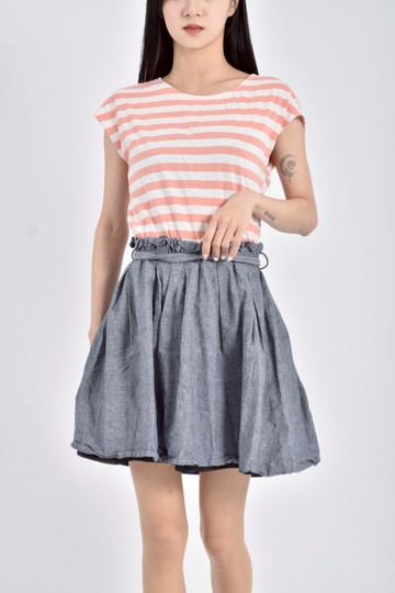 (S) earth music ecology棉質無袖條紋拼接粉色綁帶洋裝