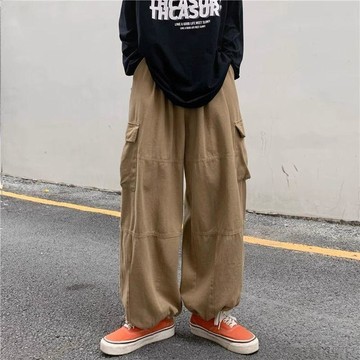 束腳工裝褲男女春秋季日系復古潮牌高街直筒闊腿寬鬆多口袋休閒褲工裝褲 長褲 寬鬆長褲 休閒褲 工裝 工作褲 直筒褲 男生褲