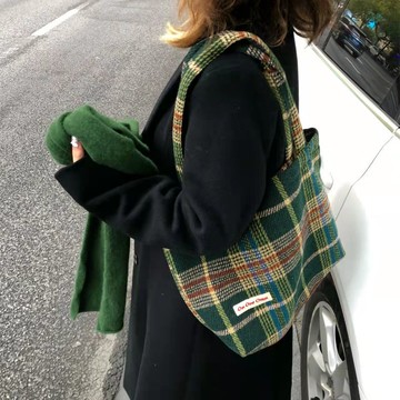 免運🔮韓版複古毛呢混色編織大容量單肩購物袋慵懶風簡約百搭手提託特包設計感軟皮百搭包包 託特包 腋下包 肩背包 單肩包