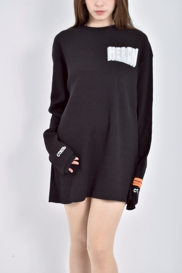 (L) 質感棉質純棉長袖印花刺繡黑色洋裝