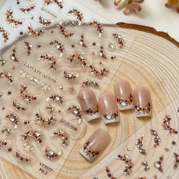 松果花邊秋冬美甲貼紙 森系松果花環法式指甲貼 秋季金箔花邊裝飾 自然乾燥花風格美甲貼 手繪風美甲貼紙 diy美甲素材