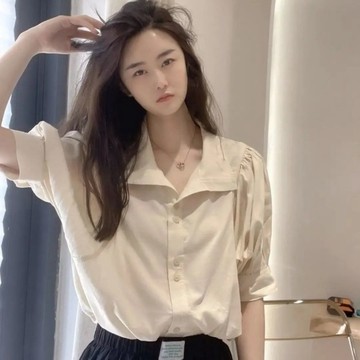 復古氣質公主袖短袖襯衫 澎澎袖 排扣 韓國chic 翻領襯衫 韓版 氣質 短袖上衣 襯衫女 襯衫上衣 A307