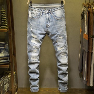 淺色破洞夏季薄款男潮牌補丁淺色破洞牛仔褲小腳褲韓版潮流