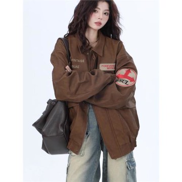 美式復古vintage咖色皮衣冬季街頭寬松機車風翻領加絨加厚外套女