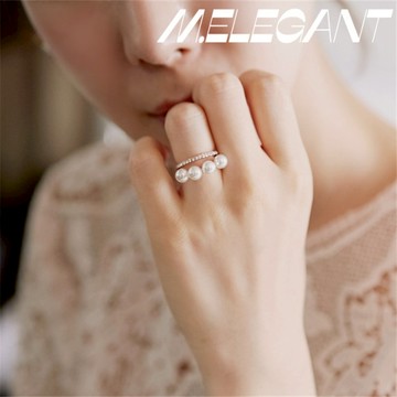 M.e.【24H出貨】韓版優雅珍珠鑲鑽雙層立體戒指環 可調節戒指