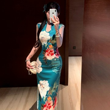 【隔日到】特價新款S-M 夏輕熟國風中式復古改良旗袍開叉中長裙印花無袖洋裝收腰顯瘦工作服 度假聚會休閒生日派對尾牙裝扮