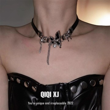 【設計款Y2K鎖骨鏈】歐美式辣妹黑色蝴蝶項鍊 頸鍊 Chocker 項圈 皮質 女 項鏈 頸圈 鎖骨鏈 蝴蝶項鍊 皮質項