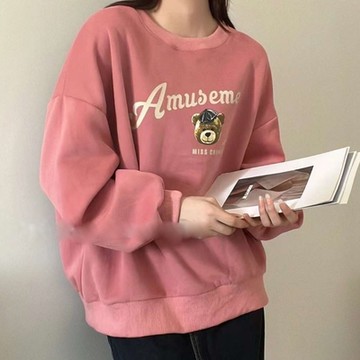 La Belleza圓領趣味小熊圖案印花寬鬆衛衣長版棉質T恤