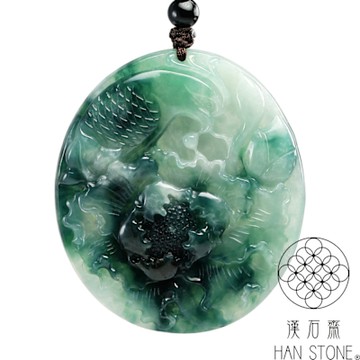 【漢石齋】天然翡翠A貨 翠羽清蓮玉佩吊墜 冰糯種飄花(49*55*6mm)