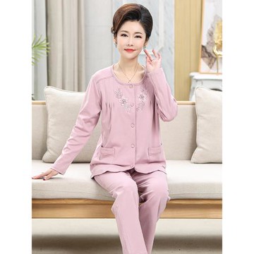 純棉睡衣女春秋長袖開衫圓領休閑大碼中老年媽媽家居服套裝可外穿