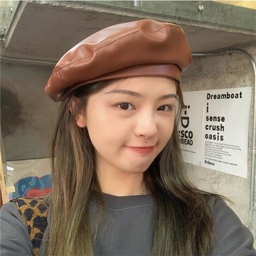丁走走帽子女春秋韓版網紅款pu皮復古時尚畫家帽潮百搭平頂貝雷帽