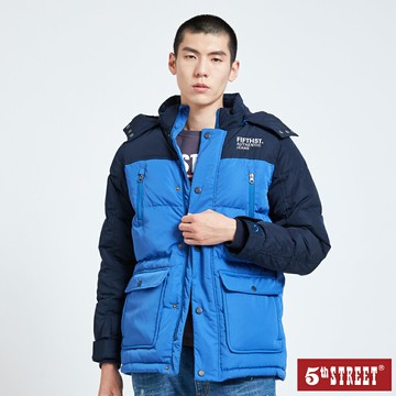 男裝 中長版配色羽絨外套-淺藍色 (510454) 【5th STREET】【APP下單享4%回饋】治裝激推 聖誕禮物券 最高折700